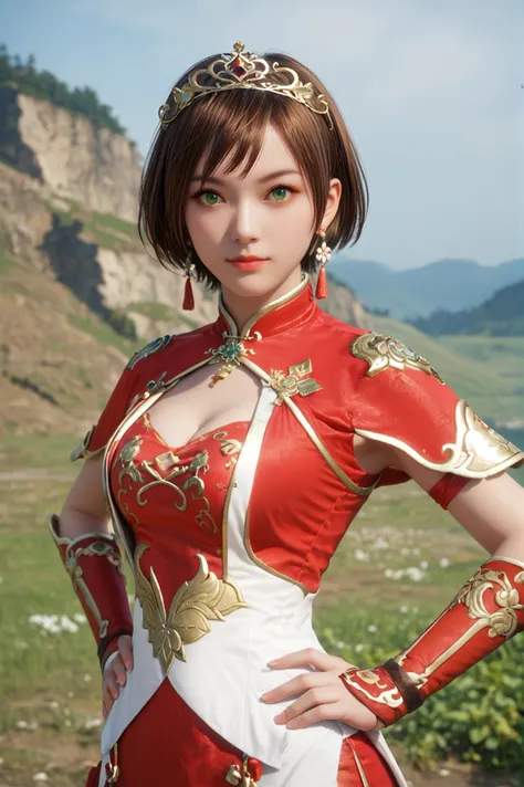 score_9, score_8_up, score_7_up, masterpiece, best quality, perfect anatomy, very aesthetic, BREAK She stands with her hands on her hips, surveying the landscape., <lora:Sun_Shangxiang_Dynasty_Warriors:0.7> solo, 1girl, short hair, brown hair, green eyes, tiara, jewelry, earrings, chinese clothes, cleavage cutout, outdoors, looking at viewer