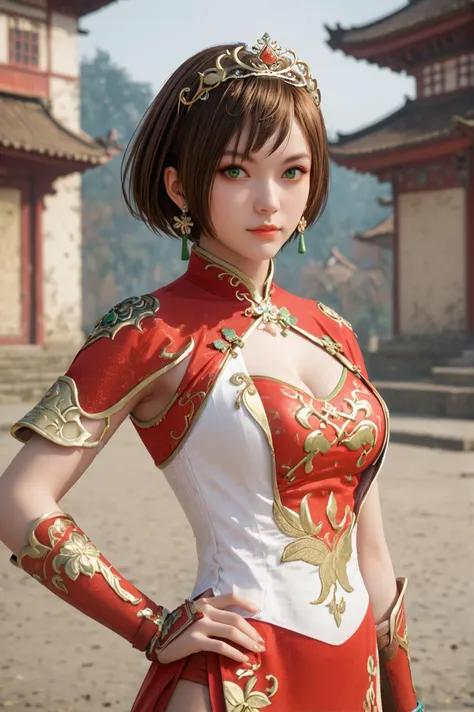 score_9, score_8_up, score_7_up, masterpiece, best quality, perfect anatomy, very aesthetic, BREAK She stands with one hand resting on her hip, the other holding a drink., <lora:Sun_Shangxiang_Dynasty_Warriors:0.7> solo, 1girl, short hair, brown hair, green eyes, tiara, jewelry, earrings, chinese clothes, cleavage cutout, outdoors, looking at viewer