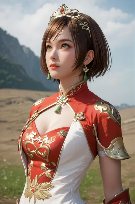 score_9, score_8_up, score_7_up, masterpiece, best quality, perfect anatomy, very aesthetic, BREAK She stands with her hands on her hips, looking up at the sky., <lora:Sun_Shangxiang_Dynasty_Warriors:0.7> solo, 1girl, short hair, brown hair, green eyes, tiara, jewelry, earrings, chinese clothes, cleavage cutout, outdoors