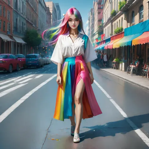 araffe girl with rainbow hair walking down the street