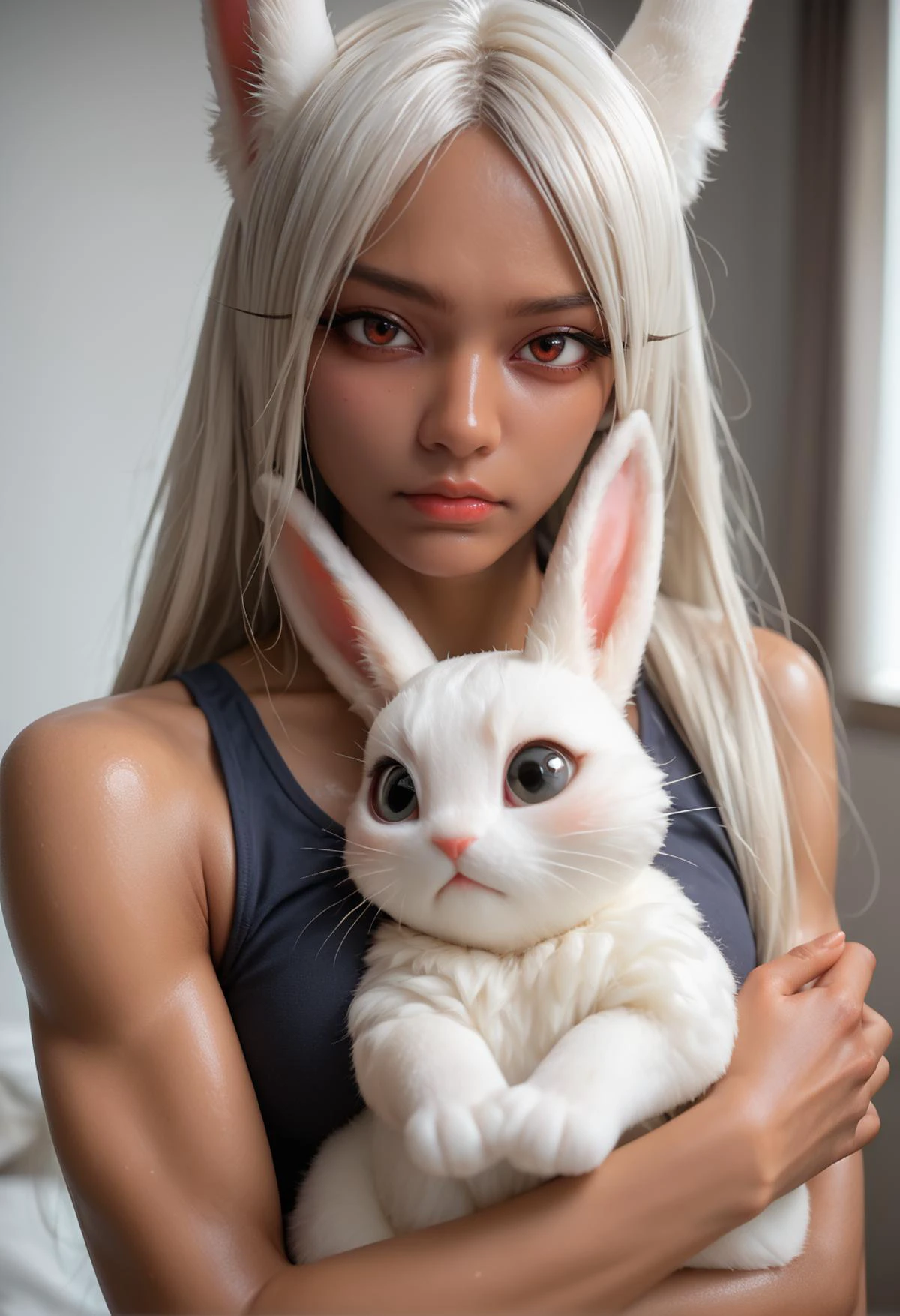 (score_9:0.9),score_8_up,score_7_up,highly detailed,high budget,masterpiece,best quality,perfect anatomy,very aesthetic,8k,(shiny_skin,miserable white skin,pale skin:1.2),
1girl, rumi usagiyama, dark skinned female, hugging a white rabbit,