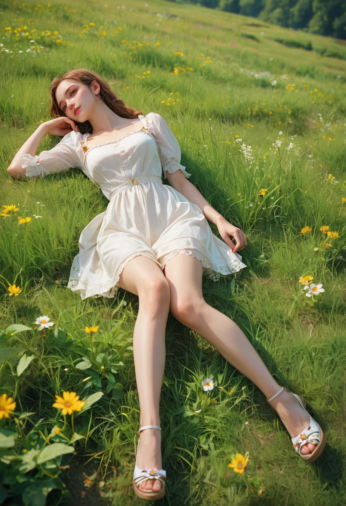 a woman laying on grass,full body,, score_9,score_8_up,score_7_up,highly detailed,high budget,masterpiece,best quality,perfect anatomy,very aesthetic,8k,