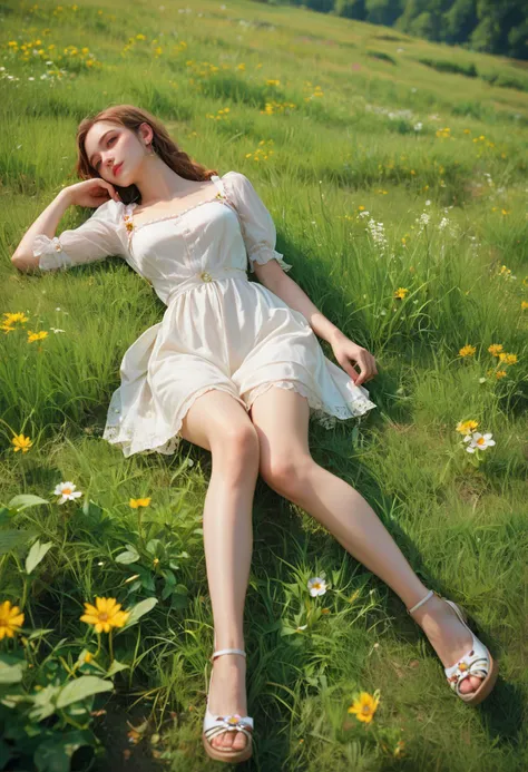a woman laying on grass,full body,, score_9,score_8_up,score_7_up,highly detailed,high budget,masterpiece,best quality,perfect anatomy,very aesthetic,8k,