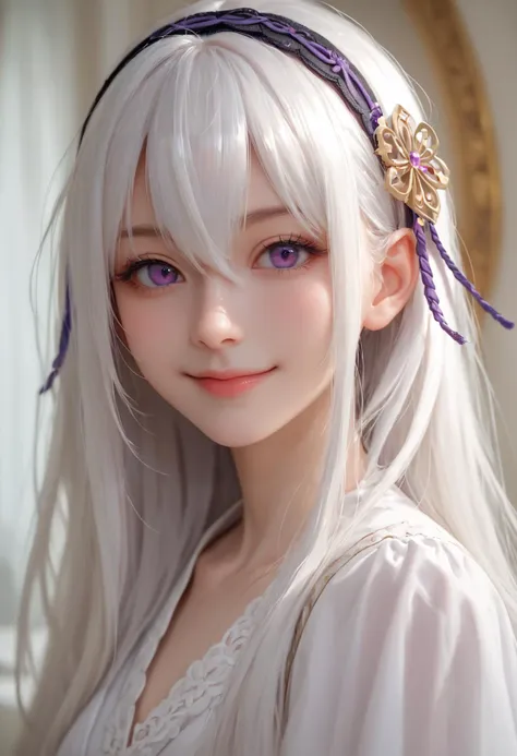 a close up of a woman with long white hair wearing a headband