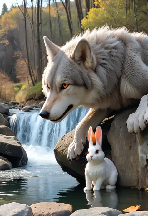 there is a wolf and a rabbit sitting on a rock by a stream