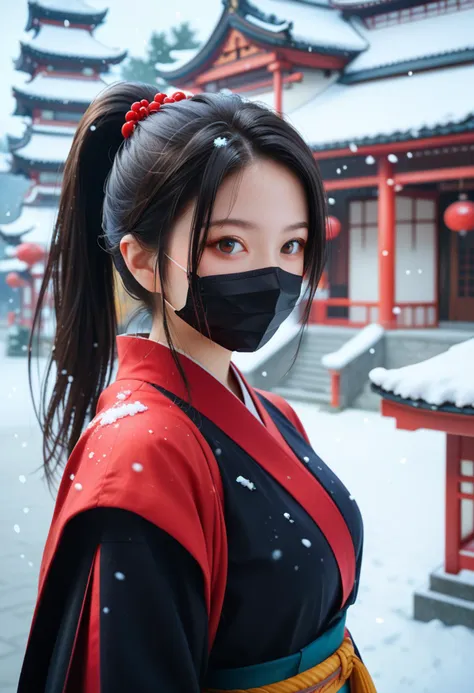 1girl,solo,black hair,snowing,looking at viewer,mask,ponytail,mouth mask,upper body,long hair,brown eyes,architecture,snow,breasts,east asian architecture,outdoors,blurry,blurry background,sash,, score_9,score_8_up,score_7_up,highly detailed,high budget,masterpiece,best quality,perfect anatomy,very aesthetic,8k,