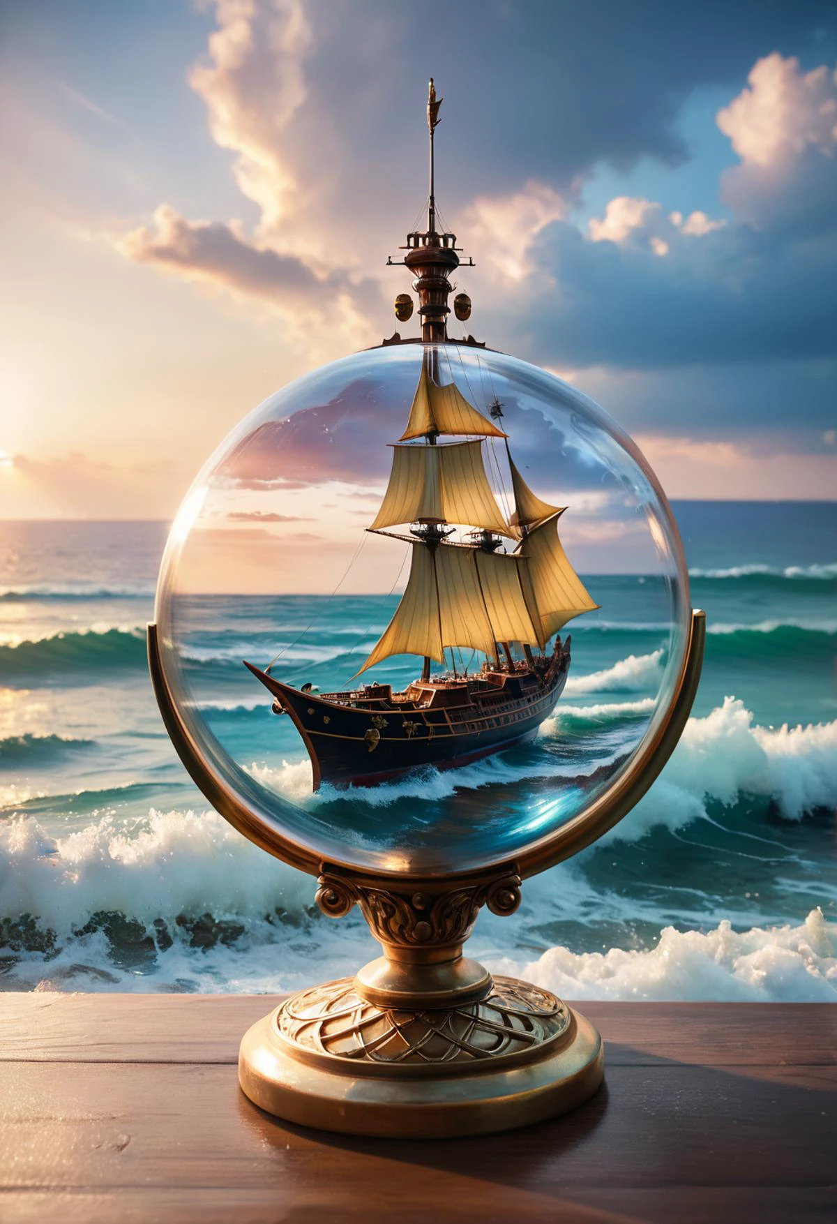 A glass sphere sculpture, concealed inside the sphere is a large Pirate Ship in a Lightning storm, large waves, in the dark, detailed image, 8k high quality detailed, the moon, shaped sphere, amazing wallpaper, digital painting highly detailed, 8k UHD detailed oil painting, beautiful art UHD, focus on full glass sphere, bokeh, background Modifiers: extremely detailed Award winning photography, fantasy studio lighting, photorealistic very attractive beautiful imperial colours ultra detailed 3D, (Very Intricate), score_9,score_8_up,score_7_up,highly detailed,high budget,masterpiece,best quality,perfect anatomy,very aesthetic,8k,