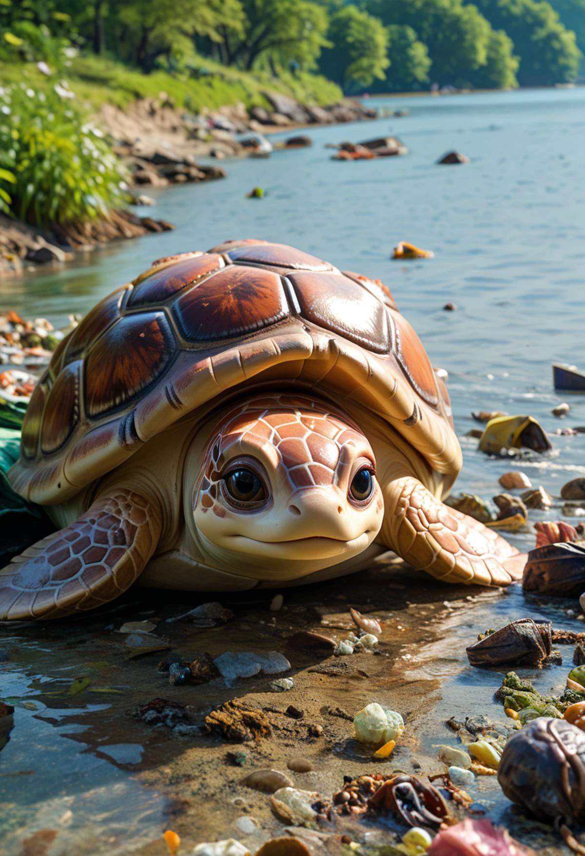 amazing quality, masterpiece, best quality, hyper detailed, ultra detailed, UHD, perfect anatomy, portrait, dof, hyper-realism, majestic, awesome, inspiring, Captured in the midst of a serene swim, this adorable sea turtle basks in the tranquility of its natural habitat midst colorful trash. However, a stark reality unfolds as the river it calls home is marred by pollution, trash and debris. This poignant image serves as a stark reminder of the urgent need to protect our waterways and preserve the delicate ecosystems they support.