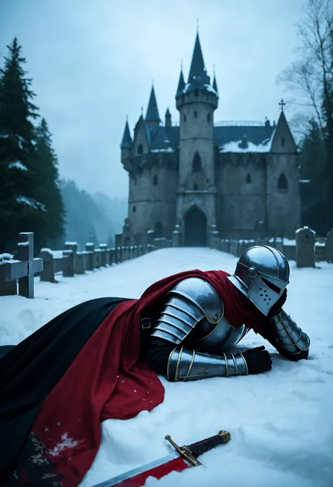 somber and cinematic scene,a fallen knight resting and lying down against a gravestone in a snow-covered graveyard,the knight clad in full armor,grips a sword with hand,the blade buried in the snow,Snowflakes gently fall around him,melancholic atmosphere,background is a dark gothic castle looms that obscured by the swirling snow and mist,haunting beauty of a warrior's final rest,, score_9,score_8_up,score_7_up,highly detailed,high budget,masterpiece,best quality,perfect anatomy,very aesthetic,8k,