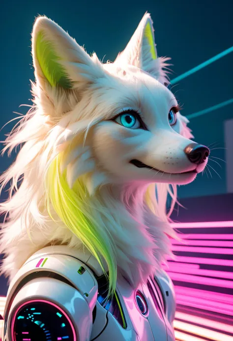 digital neon green and white fox, retrowave palette, digital world, highly detailed, electric breeze, anatomically correct vulpine, synth feel, fluffy face, ear floof, flowing fur, super realism, accurate animal imagery, 4 k digital art, score_9,score_8_up,score_7_up,highly detailed,high budget,masterpiece,best quality,perfect anatomy,very aesthetic,8k,