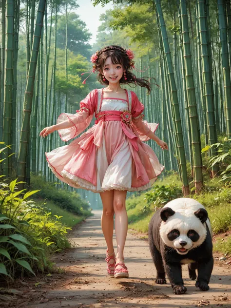 score_9,score_8_up,score_7_up,masterpiece,8k,hdr,highres,18yo happy girl walking,pink hanfu,ruanyi0758,hair ornament,bamboo forest,grass,a panda with her,looking at viewer,<lora:0758 Peach Blossom Hanfu_v1_pony:0.8>,