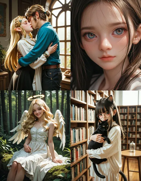 https://civitai.com/articles/5300 ___ All images: score_9, score_8_up, score_7_up ___ 1st image: 1girl, 1boy, Princess_Zelda, \(The_Legend_of_Zelda:_Breath_of_the_Wild\), standing, kiss, hug, closed_eyes ___ 2nd image: 1girl, lovely face, portrait, close-up, looking_at_viewer, closed_mouth ___ 3rd image: 1girl, solo, blonde_hair, wavy_hair, angel, angel_wings, halo, smile, sitting, forest, white_dress ___ 4th Image: 1girl, solo, long_hair, black_hair, blunt_bangs, straight_hair, round_eyewear, cat_girl, cat_ears, cat_tail, standing, hug cat, looking_at_viewer, library