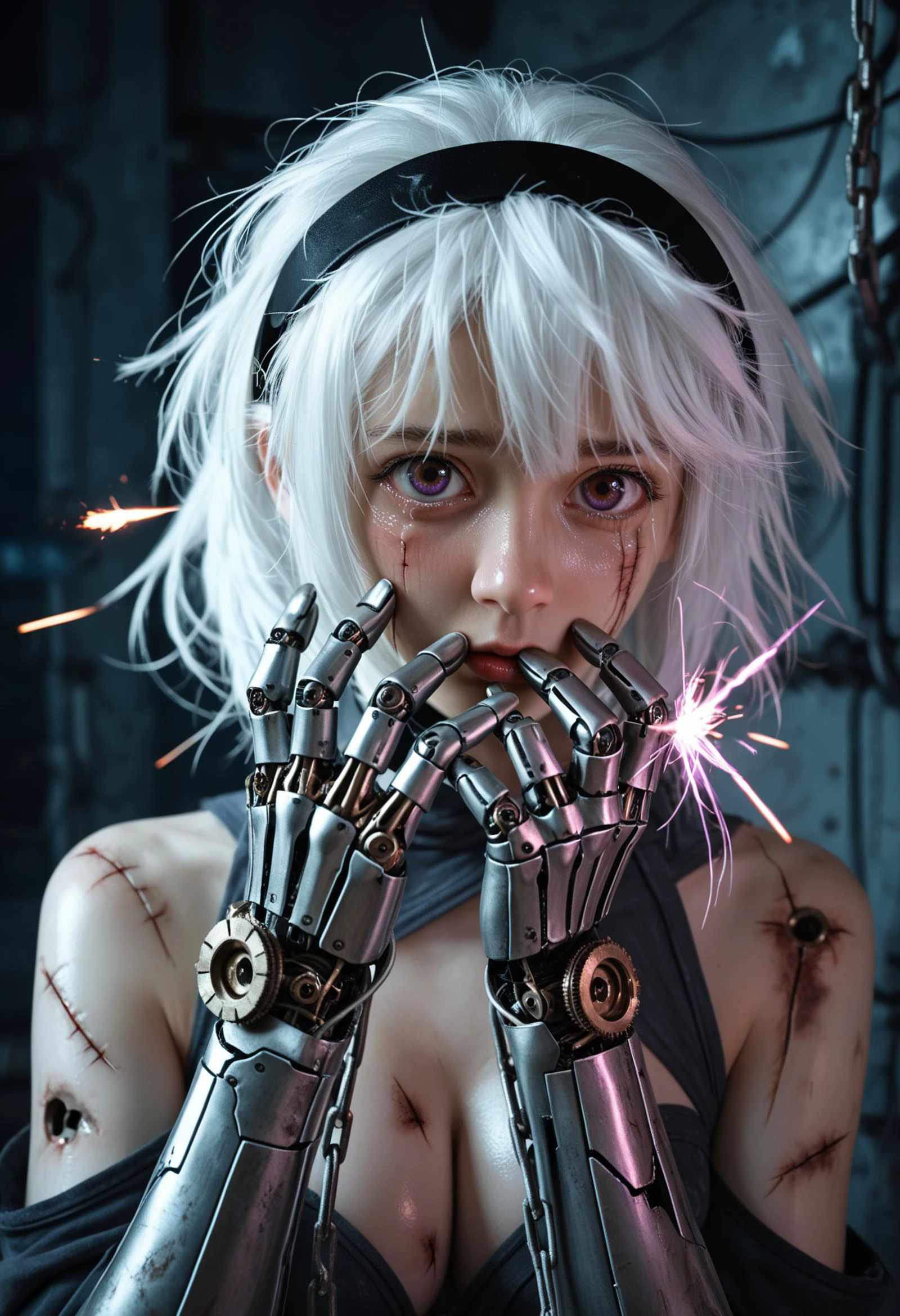 1girl,solo,looking at viewer,medium hair,bangs,hairband,purple eyes,hair ornament,hair between eyes,white hair,fluffy hair,large_breasts,blush shy,shiny_skin,very detailed clothes,very realistic textures,very detailed textures,longeyelashes,brown eye shadow,night,dim light,cyberpunk,mechanical arm,sci-fi style clothes,hair_tucking,metal material,realistic metallic texture,hands,raise your hand,Injuries,scratches,gears,links,chains,wires,sparks,electric sparks,crying,tears,, cinematic film still,score_9,score_8_up,score_7_up,masterpiece,best quality,8k,