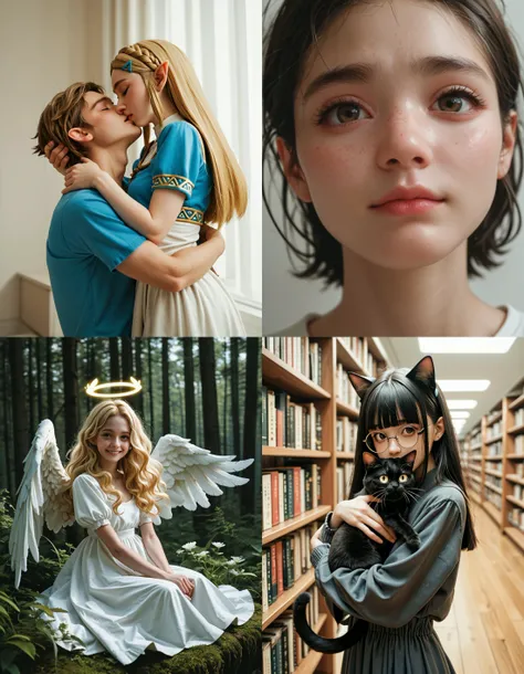 https://civitai.com/articles/5300 ___ All images: score_9, score_8_up, score_7_up ___ 1st image: 1girl, 1boy, Princess_Zelda, \(The_Legend_of_Zelda:_Breath_of_the_Wild\), standing, kiss, hug, closed_eyes ___ 2nd image: 1girl, zoom on face, cute, lovely, close-up ___ 3rd image: 1girl, solo, blonde_hair, wavy_hair, angel, angel_wings, halo, smile, sitting, forest, white_dress ___ 4th Image: 1girl, solo, long_hair, black_hair, blunt_bangs, straight_hair, round_eyewear, cat_girl, cat_ears, cat_tail, standing, hug cat, looking_at_viewer, library