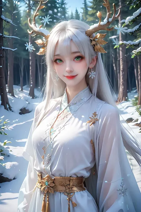 score_9,score_8_up,score_7_up,highly detailed,8k,very aesthetic,masterpiece,best quality,high budget,perfect anatomy,,henteng,1girl,long hair,angle,solo,white hair,looking_at_viewer,pale skin,green eyes,hair_ornament,smile,(((detailed beautiful snow forest with trees)), ((snowflakes)), floating:1.1),<lora:shenteng-1:0.7>