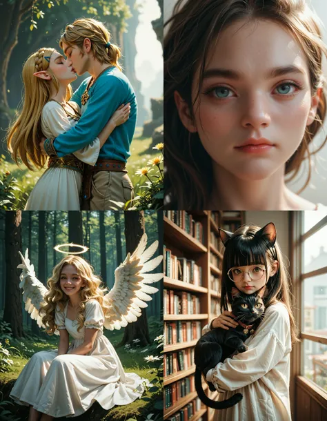 https://civitai.com/articles/5300 ___ All images: score_9, score_8_up, score_7_up ___ 1st image: 1girl, 1boy, Princess_Zelda, \(The_Legend_of_Zelda:_Breath_of_the_Wild\), standing, kiss, hug, closed_eyes ___ 2nd image: 1girl, lovely face, portrait, close-up, looking_at_viewer, closed_mouth ___ 3rd image: 1girl, solo, blonde_hair, wavy_hair, angel, angel_wings, halo, smile, sitting, forest, white_dress ___ 4th Image: 1girl, solo, long_hair, black_hair, blunt_bangs, straight_hair, round_eyewear, cat_girl, cat_ears, cat_tail, standing, hug cat, looking_at_viewer, library