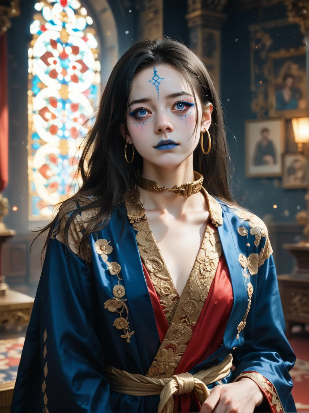 score 10,score_9,score_8_up,score_7_up,score_6_up,rating explicit,
1girl,<lora:Zaron_P-005-亢éé¾å¨:0.5>,Zaron_P-005,pale skin,blue tribal-like face markings,blue dots and lines on face,striking blue eyes,heavy eyeliner,dark eyeshadow,deep blue lips,long straight jet-black hair,middle part hairstyle,hair cascading down back,large golden hoop earrings,dark hair and pale skin contrast,regal ensemble,deep blue robe,ornate robe,gold embroidery on collar and shoulders,high collar,ceremonial style robe,vibrant red robe,intricate gold embroidery,floral patterns,geometric patterns,metallic fabric,shimmering fabric,gold earrings,pretty girl,
cinematic film still,dramatic lighting,(realistic:1.3),highly detailed,high budget,bokeh,cinemascope,moody,epic,gorgeous,film grain,grainy,masterpiece,best quality,perfect anatomy,very aesthetic,official art,8k,