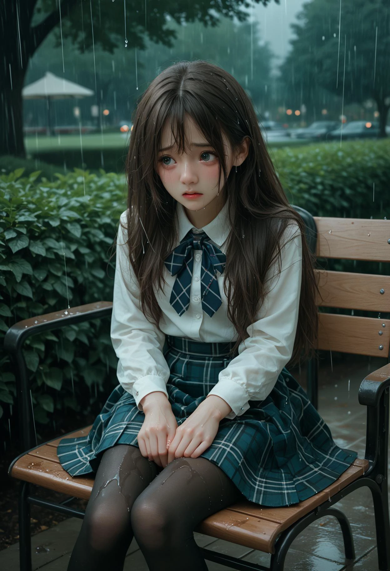 Cute girl wearing short skirt and plaid skirt black pantyhose sits on a chair in the park under heavy rain and cries,, score_9,score_8_up,score_7_up,beast_quality,masterpiece,