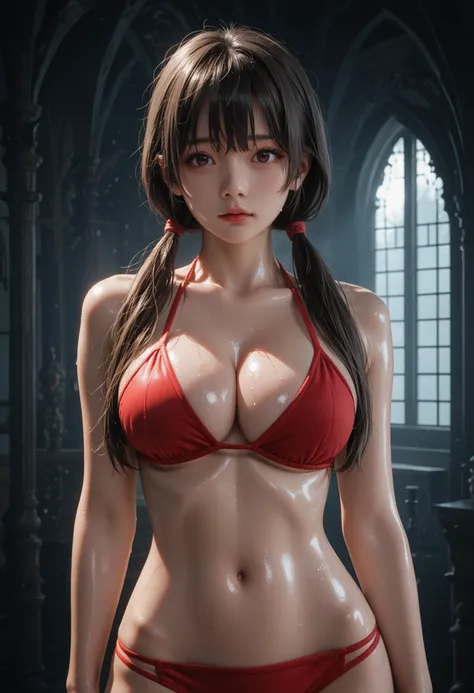 1girl,dark_grey_hair,low_twintail,air_bangs,large_breasts,cleavage,turn back,red bikini,perfect hip,peach hip,shiny_skin,, score_9,beast_quality,masterpiece,8k,dramatic lighting,cold colors,