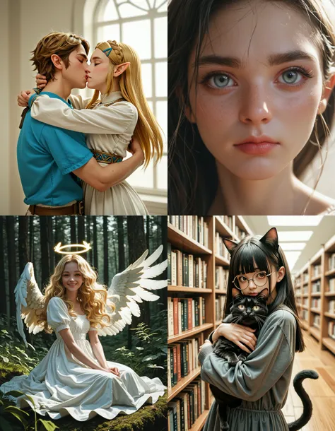 https://civitai.com/articles/5300 ___ All images: score_9, score_8_up, score_7_up ___ 1st image: 1girl, 1boy, Princess_Zelda, \(The_Legend_of_Zelda:_Breath_of_the_Wild\), standing, kiss, hug, closed_eyes ___ 2nd image: 1girl, lovely face, portrait, close-up, looking_at_viewer, closed_mouth ___ 3rd image: 1girl, solo, blonde_hair, wavy_hair, angel, angel_wings, halo, smile, sitting, forest, white_dress ___ 4th Image: 1girl, solo, long_hair, black_hair, blunt_bangs, straight_hair, round_eyewear, cat_girl, cat_ears, cat_tail, standing, hug cat, looking_at_viewer, library