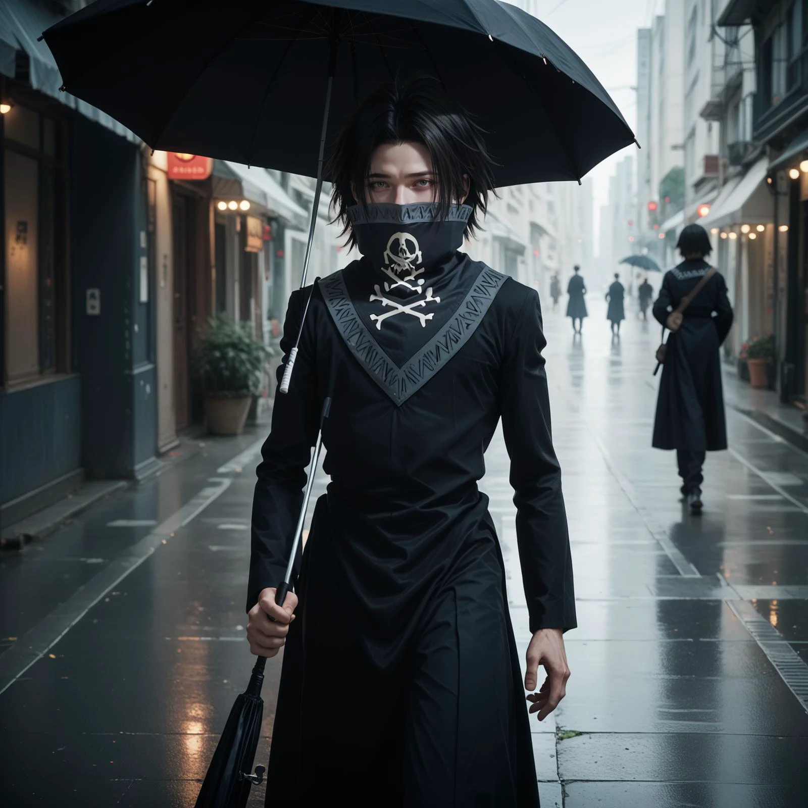 score_9, score_8_up, score_7_up, score_6_up, 1boy <lora:Feitan-000007:1> Porunter, black long-sleeve dress, black bandana mask, standing holding umbrella