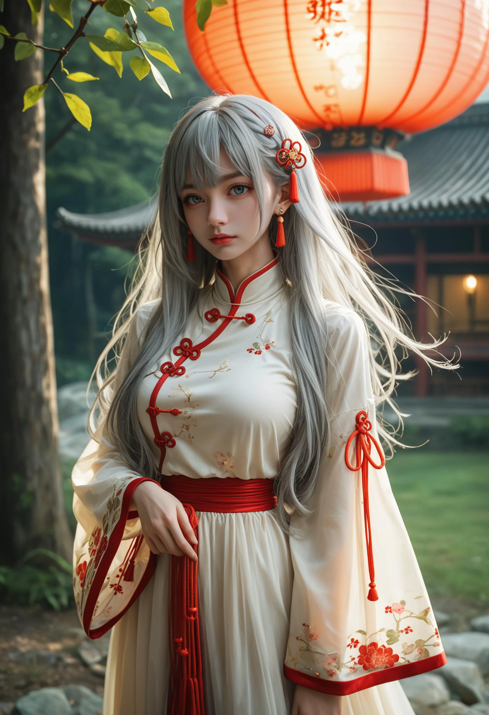 1girl,large_breasts,Gray hair,air bangs,very long hair,thick hair,fluffy hair,Chinese clothing,very long dresses,hair accessories,hairpins,loose sleeves,long sleeves,bracelets,earrings,Hanfu,fine costumes,fine textures,girl standing beside the peach tree in a daze,flapping her hair,light yarn,translucent,, cinematic film still,score_9,score_8_up,score_7_up,dramatic lighting,(realistic:1.3),highly detailed,high budget,bokeh,cinemascope,moody,epic,gorgeous,film grain,grainy,masterpiece,best quality,perfect anatomy,very aesthetic,official art,8k,