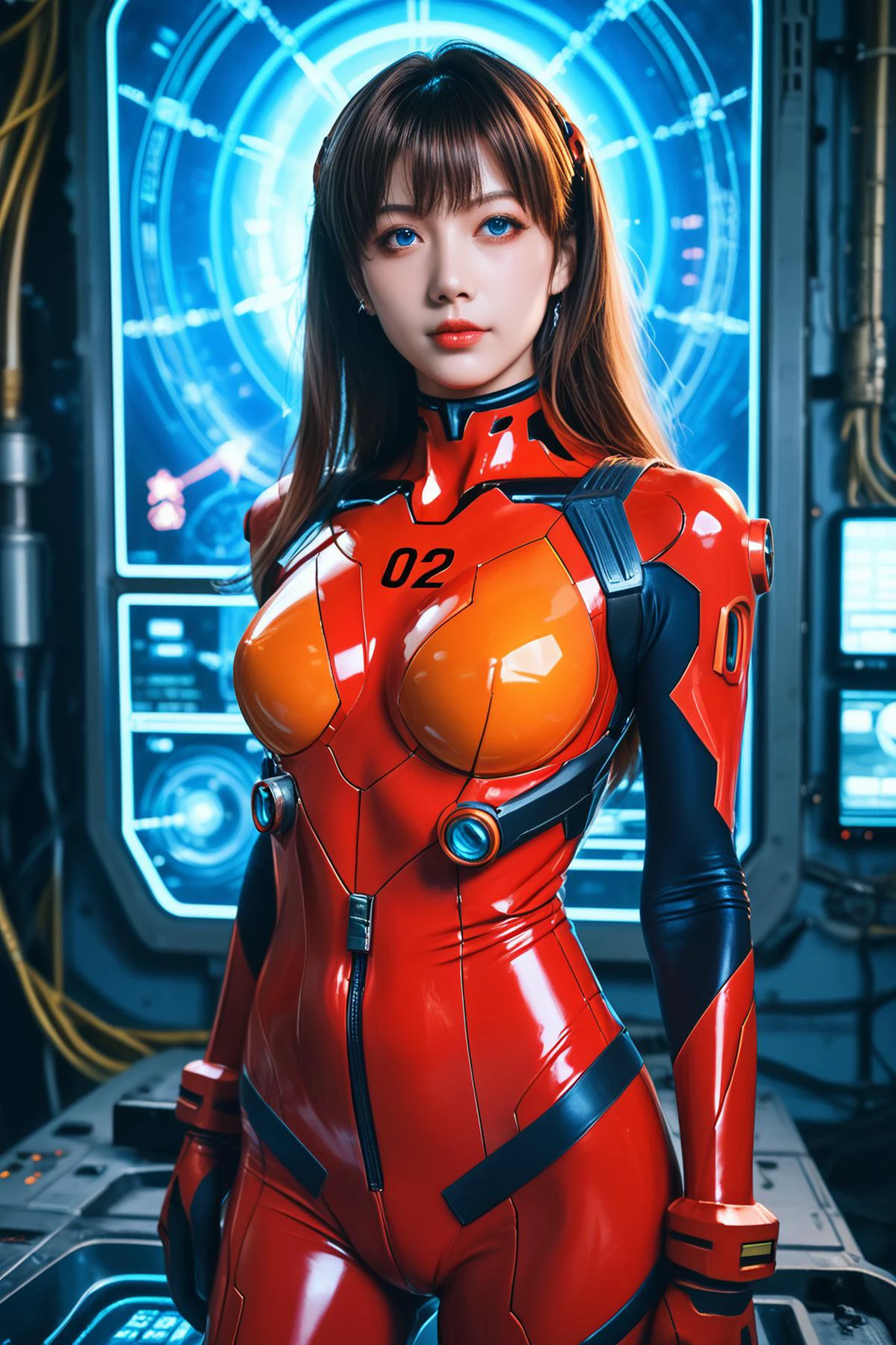 score_9, score_8_up, score_7_up, source_photo, realistic, photorealistic, masterpiece, best quality, 8k, <lora:asuka-langley-soryuu-ponyxl-lora-nochekaiser:0.8>, A striking young girl with long, flowing brown hair and distinctive bangs, adorned with a complex hair ornament. Her piercing blue eyes and confident expression are accentuated by a sleek, red bodysuit featuring elements of a pilot suit and a plugsuit. She stands in a futuristic command center, surrounded by holographic displays and intricate machinery, exuding an aura of both vulnerability and strength. The overall aesthetic is reminiscent of classic anime, with a focus on dynamic lines, vibrant colors, and dramatic lighting.