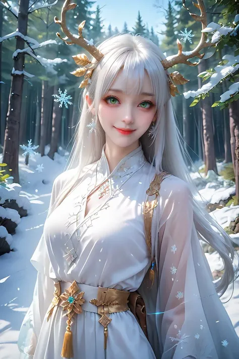 score_9,score_8_up,score_7_up,highly detailed,8k,very aesthetic,masterpiece,best quality,high budget,perfect anatomy,,henteng,1girl,long hair,angle,solo,white hair,looking_at_viewer,pale skin,green eyes,hair_ornament,smile,(((detailed beautiful snow forest with trees)), ((snowflakes)), floating:1.1),<lora:shenteng-1:0.7>