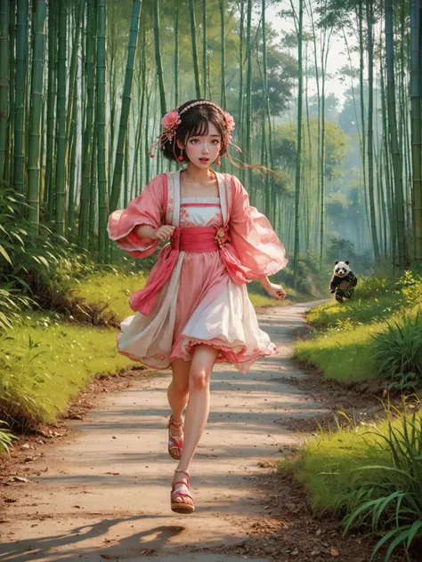 score_9,score_8_up,score_7_up,masterpiece,8k,hdr,highres,18yo girl running,pink hanfu,ruanyi0758,hair ornament,bamboo forest,grass,:o,open mouth,panda,<lora:0758 Peach Blossom Hanfu_v1_pony:0.7>,