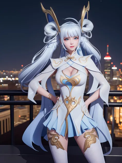 WZRYsunshangxiangYJLQ, 1girl, solo, long hair, blue eyes,white thighhighs, dress, bangs, breasts, jewelry, twintails,bracelet, headgear,cap, <lora:WZRYsunshangxiangYJLQ:0.75>,mature female, cityscape, night, looking at viewer, standing, cowboy shot, hand on hip, light smile,