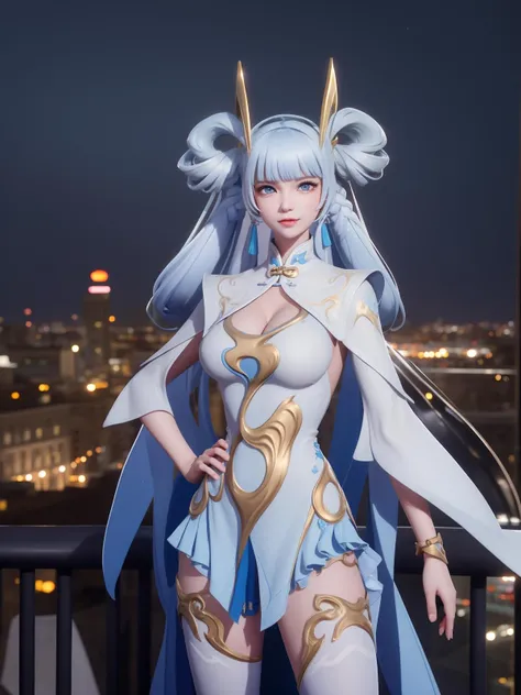 WZRYsunshangxiangYJLQ, 1girl, solo, long hair, blue eyes,white thighhighs, dress, bangs, breasts, jewelry, twintails,bracelet, headgear,cap, <lora:WZRYsunshangxiangYJLQ:0.75>,mature female, cityscape, night, looking at viewer, standing, cowboy shot, hand on hip, light smile,