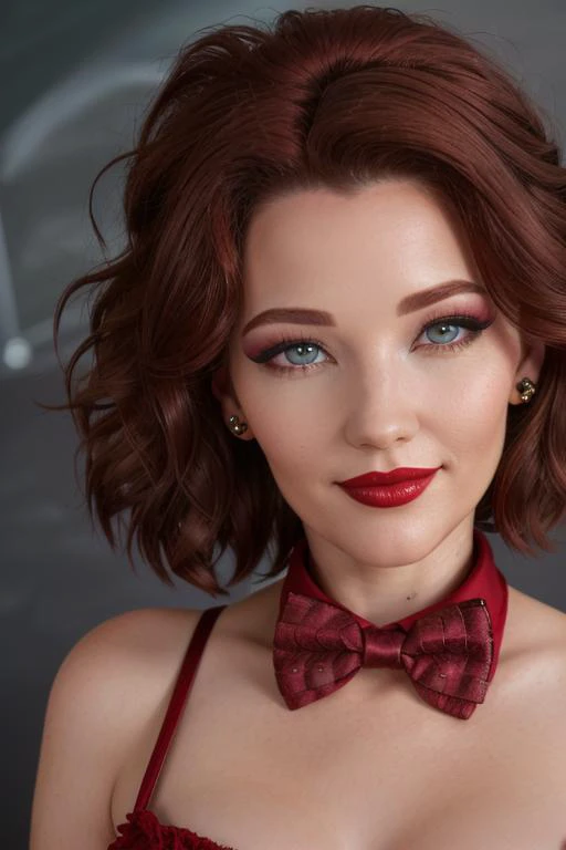 photo of a woman, <lora:danielleriley-10:0.6>, danielleriley, ((dark red hair)), ((shirt, bowtie, short hair):1.1), ((closeup, portrait)),((classroom, chalkboard)), ((red lipstick, makeup)), (smile), ((best quality, masterpiece, extreme details, high resolution):1.2),((detailed eyes, beautiful eyes, detailed face, beautiful face):1.2)