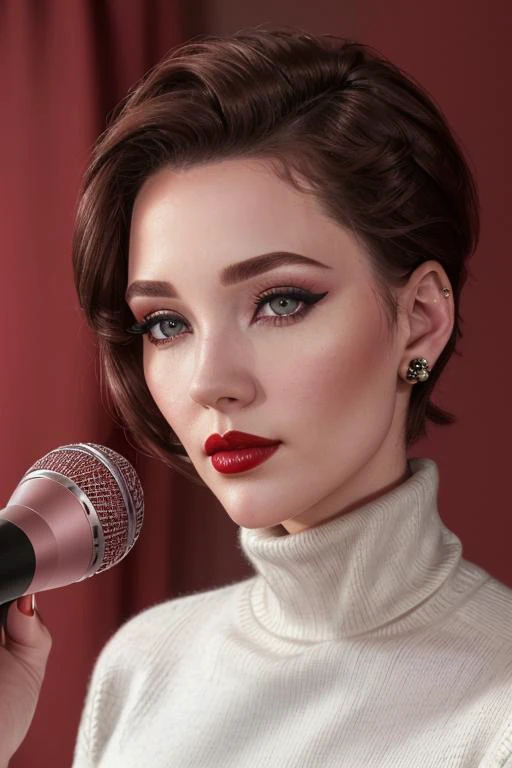photo of <lora:danielleriley-10:0.6>, danielleriley:0.99, a woman, ((pale skin)), ((short hair)), ((turtleneck sweater, microphone, desk)), ((closeup, portrait)), (((red lipstick,eyeliner, eye shadow, blush):1.1))), ((best quality, masterpiece, extreme details, high resolution):1.2),((detailed eyes, beautiful eyes, detailed face, beautiful face):1.2)