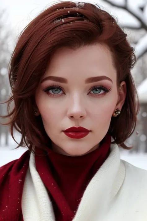 photo of a woman, <lora:danielleriley-10:0.6>, danielleriley, ((dark red hair)), ((turtleneck sweater, scarf, short hair):1.1), ((closeup, portrait)),((outdoors, snow)), ((red lipstick, makeup)), (serious), ((best quality, masterpiece, extreme details, high resolution):1.2),((detailed eyes, beautiful eyes, detailed face, beautiful face):1.2)