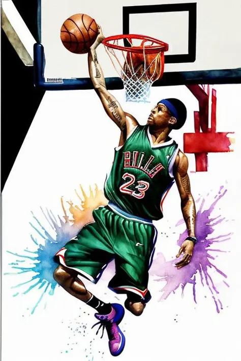 <lora:wcolors:0.5> watercolor, detailed basketball dunk picture photo allen iverson style