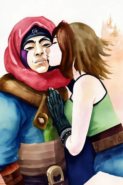 (oot fanart:1.1) (arabic gerudo valley 1girl:1.1) tribe woman kissing (ganondorf villain 1boy:1.1) on the cheek kissingcheek hetero <lora:wcolors-step00001600:0.9> watercolor painting <lora:kissingcheek:1>