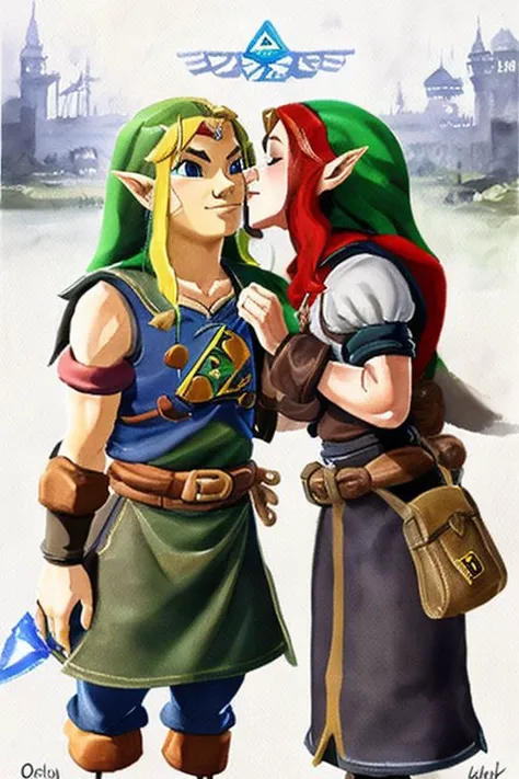 (ocarina of time fanart:1.3) (arabic gerudo 1girl:1.1) tribe woman kissing (ganondorf 1boy:1.1) on the cheek kissingcheek hetero <lora:wcolors-step00001600:0.9> watercolor painting <lora:kissingcheek:1>