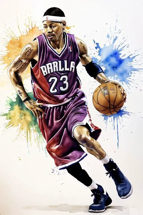 <lora:wcolors:0.5> watercolor, detailed basketball picture photo allen iverson criss cross dribble style