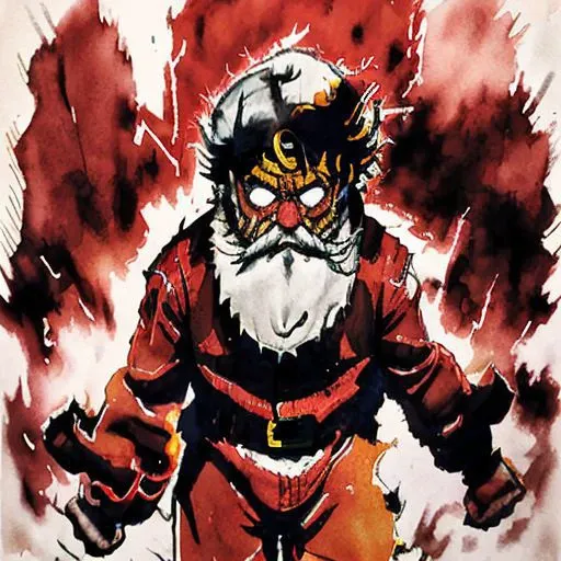 <lora:wcolors:0.9> watercolor, detailed painting <lora:rageMode_v1:0.77> father Santa Claus, big beard, red furious, flying, throwing presents hands arms up, 1boy, livrant les cadeaux, ragemode, lightning medium view ohohoh, blue background ht sky yellow striking