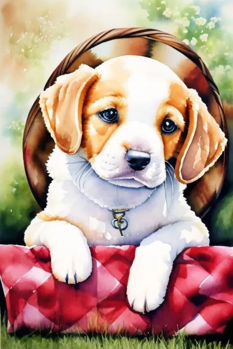 <lora:wcolors:0.9> watercolor, detailed painting puppy dog sharp eye, basket