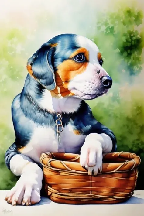 <lora:wcolors:0.9> watercolor, detailed painting puppy dog sharp blue eyes, basket, parakeet on the shoulder