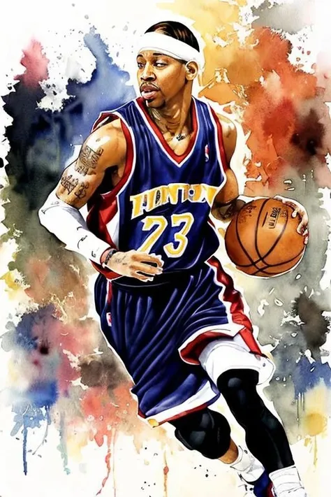<lora:wcolors:0.5> watercolor, detailed basketball picture photo allen iverson criss cross dribble action style 1997