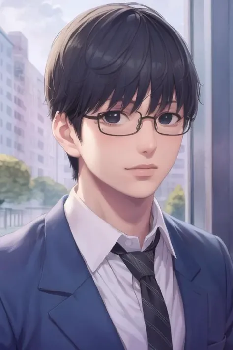 masterpiece, best quality, high quality, 1boy, solo, male focus, looking at viewer, upper body, <lora:takezou_kurata:0.72>, takezou_kurata, black hair, glasses, black eyes, realistic, formal, necktie, dress shirt