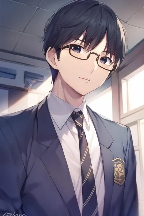 masterpiece, best quality, high quality, 1boy, solo, male focus, looking at viewer, upper body, <lora:takezou_kurata:0.74>, takezou_kurata, black hair, black eyes, glasses, , school uniform