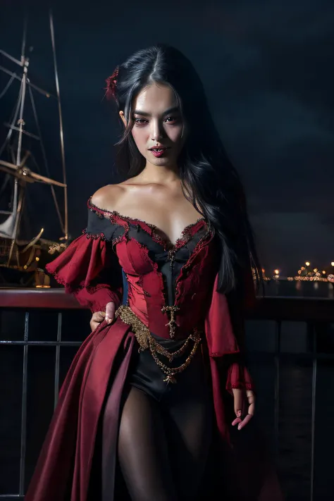 <lora:darkRedVampire_v10:0.7>, standing ((attractive stunning messy bun brunette:1.0) and (long hair blonde:1.0):1.0) dark red (witch and vampire) at (the pirate voodoo ship), flirty, skirt lift, open clothes , rfktr_bontrex-150 <lora:gothGals_v10:1> <lora:lowra_v10:1>