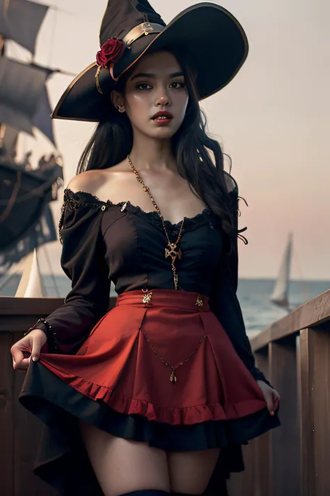 <lora:darkRedVampire_v10:0.7>, standing ((attractive stunning messy bun brunette:1.0) and (long hair blonde:1.0):1.0) dark red (witch and vampire) at (the pirate voodoo ship), flirty, skirt lift, open clothes , rfktr_bontrex-150 <lora:gothGals_v10:1>