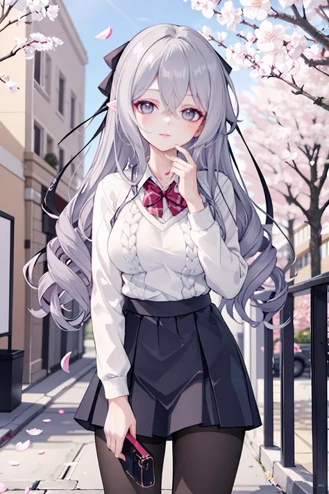 1girl, bronya zaychik, solo, school uniform, white shirt, sweater, pleated skirt, pantyhose, light smile, double v, looking at viewer, smile, open mouth, outdoors, street, cherry blossoms, petals, depth of field, masterpiece