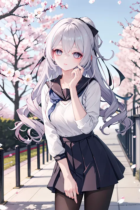 1girl, bronya zaychik, solo, school uniform, white shirt, sweater, pleated skirt, pantyhose, light smile, looking at viewer, outdoors, street, cherry blossoms, petals, depth of field, masterpiece