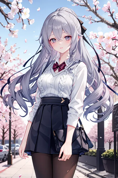 1girl, bronya zaychik, solo, school uniform, white shirt, sweater, pleated skirt, pantyhose, light smile, looking at viewer, outdoors, street, cherry blossoms, petals, depth of field, masterpiece