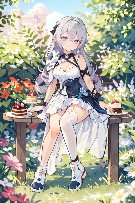 1girl, bronya zaychik \(silverwing: n-ex\), solo, sleeveless dress, single glove, thigh pouch, single sleeve, halterneck, single pauldron, ankle boots, arm strap, single thighhigh, full body, sitting, looking at viewer, smiling, garden, outdoors, depth of field, table, cake, masterpiece